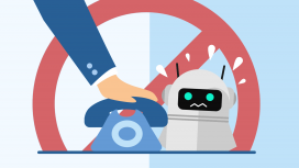 Picture of a red cross over a hand on a phone and robot