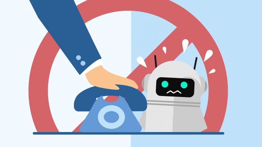 Picture of a red cross over a hand on a phone and robot