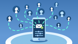 SMS and voice campaigns - a mobile phone linked to several different prospects represented by a contact icon