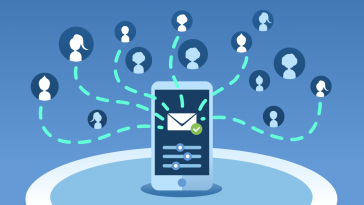 SMS and voice campaigns - a mobile phone linked to several different prospects represented by a contact icon